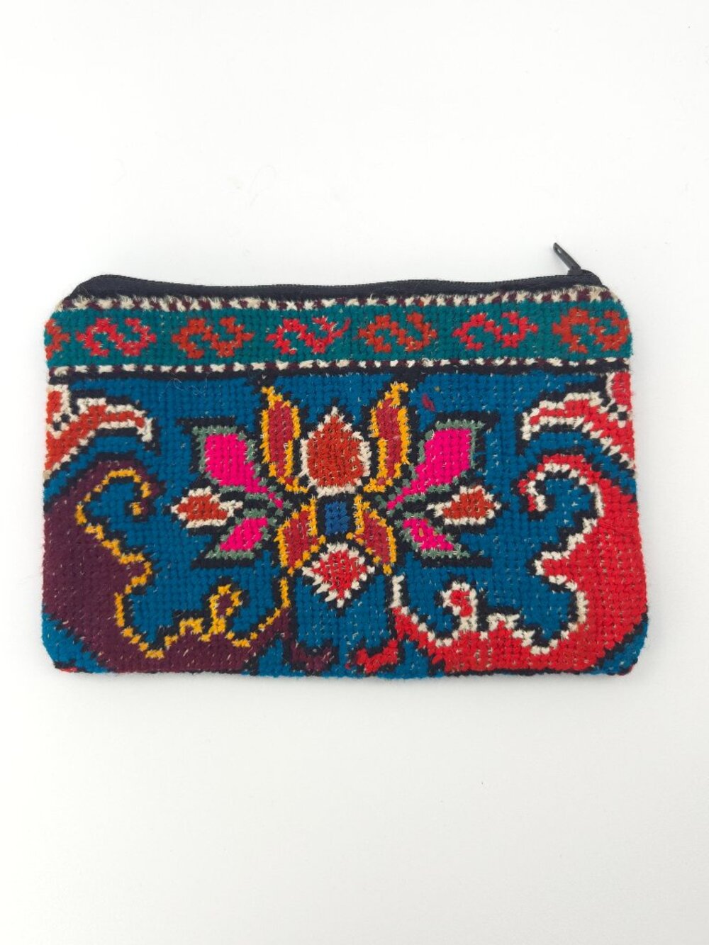 Embroidered Uzbek Zippered Pouch - Bright Blue Floral Traditional Design